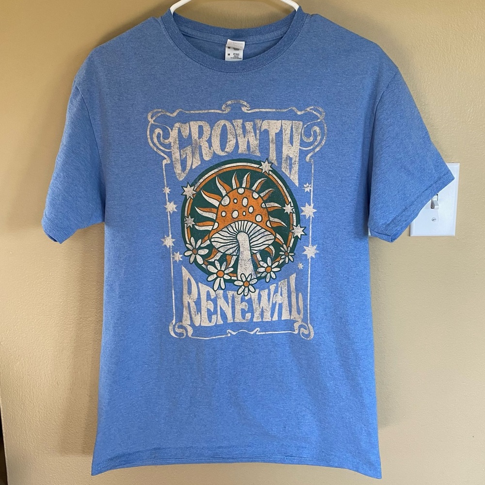 Blue Growth and Renewal whimsical mushroom hippie short sleeve tee t-shirt
